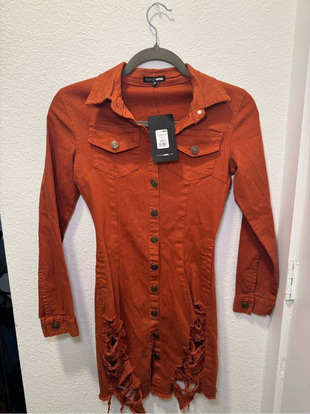 Fashion Nova Rust Orange Button-Front Distressed Denim Dress